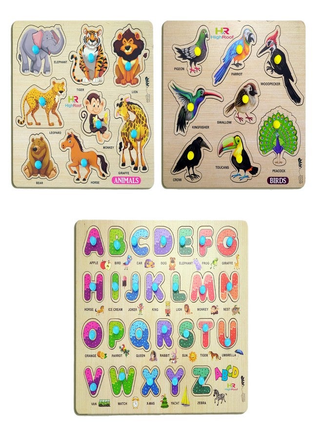 HIGHROOF® Kids Fort Pre Nursery Educational Jigsaw Puzzles for Adults Kids Learning Toys Kit Board Game 3 pcs Set of Animals Alphabets & Birds Educational Toy - Image 1