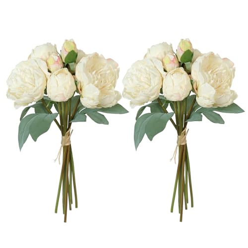 TOCHGREEN Artificial Peonies Silk Flowers 2 Bouquets Vintage Fake Peonies 14pcs Heads Faux Peony Flowers with Stems for Home Wedding Table Decoration Bridal Bouquet Floral Arrangement (White, 2PCS) - Image 1
