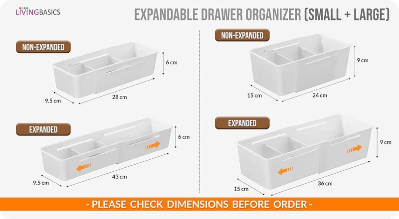 LIVINGBASICS 2 Large 3 Small Expandable Drawer OrganizerDrawer Organizer TrayDrawer DividerExpandable Drawer TrayAdjustable Storage Organiser White PPCP Plastic - Image 2
