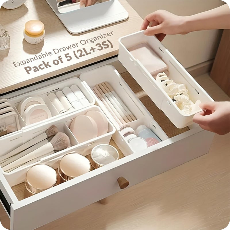 LIVINGBASICS 2 Large 3 Small Expandable Drawer OrganizerDrawer Organizer TrayDrawer DividerExpandable Drawer TrayAdjustable Storage Organiser White PPCP Plastic - Image 1