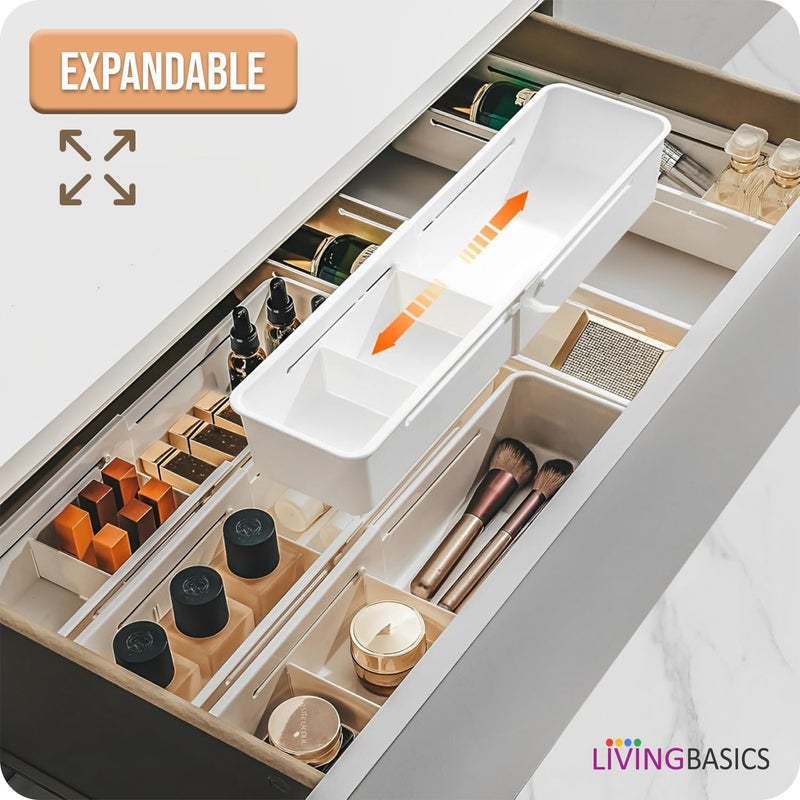 LIVINGBASICS 2 Large 3 Small Expandable Drawer OrganizerDrawer Organizer TrayDrawer DividerExpandable Drawer TrayAdjustable Storage Organiser White PPCP Plastic - Image 5