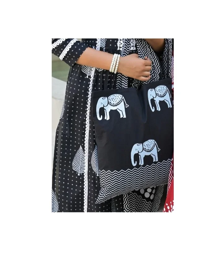 باناش برييا طقم كورتا قطن نقي أسود مع بنطال ودوبتا وحقيبة | أزياء هندية تقليدية للنساء | بدلة سالوار كاميـز كورتـي تقليدية | زي جاهز للارتداء