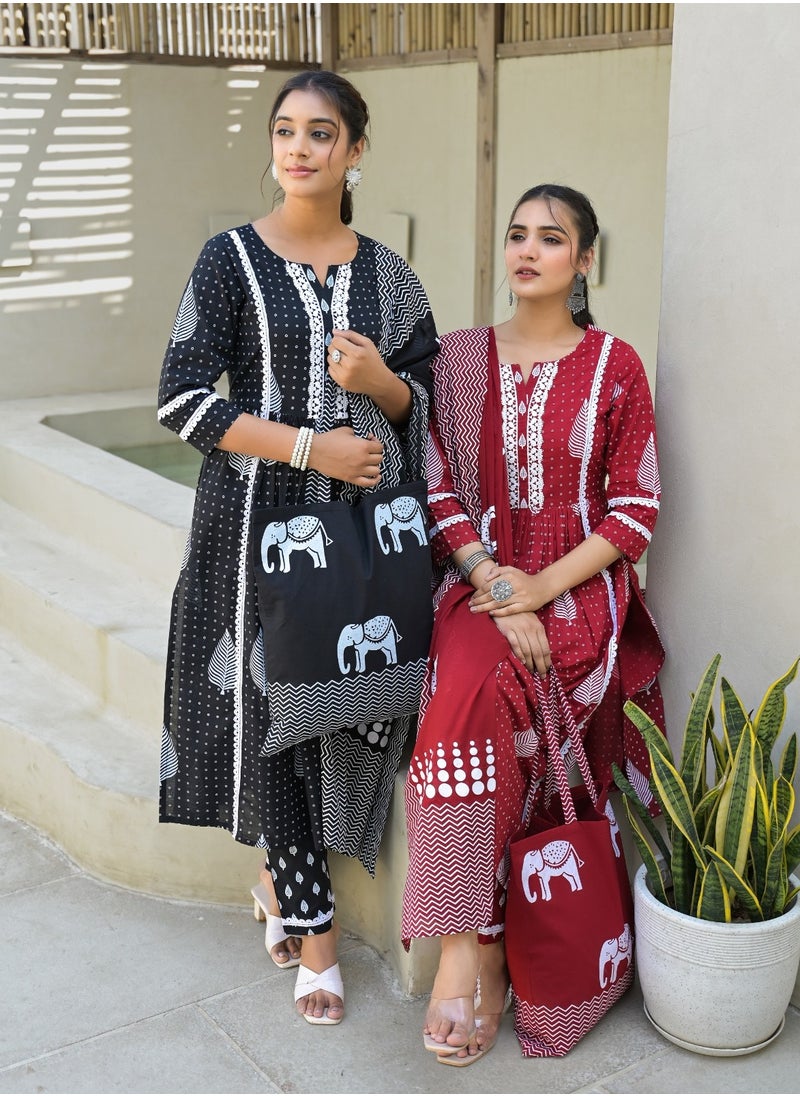 PRIYA’S PANACHE Pure Cotton Black Kurta Pant Dupatta Set with Bag | Indian Ethnic Wear for Women | Traditional Salwar Kameez Kurti Set | Ready-to-Wear Outfit  - Image 4