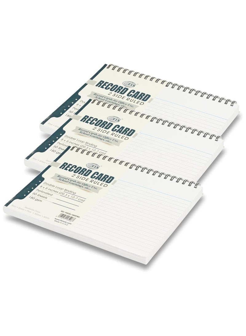 FIS بطاقات تسجيل مروسة FIS® بحجم: 8"x5" بوصات (203x127 مم)، تجليد حلزوني مزدوج، مروسة من الجانبين، 180 جرام، مثقبة، 50 ورقة لكل دفتر، عبوة من 3 قطع، لون أبيض - FSIC85-180SPWH-3 - Image 1