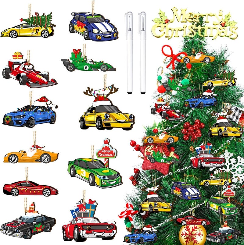 Glenmal 36 Pcs Multi Color Wooden Racing Car Ornaments Christmas Tree Decoration DIY Crafts Farmhouse Hanging Ornament Vintage Xmas for Christmas Holiday Party Supplies - Image 1
