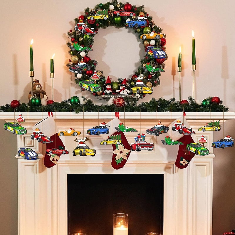 Glenmal 36 Pcs Multi Color Wooden Racing Car Ornaments Christmas Tree Decoration DIY Crafts Farmhouse Hanging Ornament Vintage Xmas for Christmas Holiday Party Supplies - Image 5