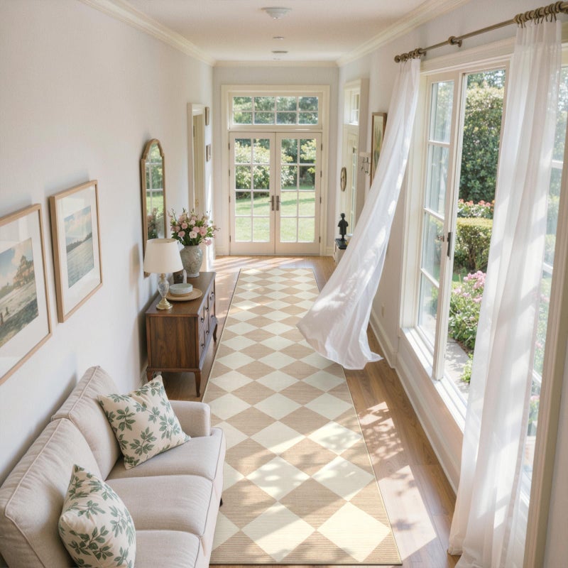 Beeiva Checkered Print Carpet Runners for Hallway 12ft, Beige Neutral Washable Long Hallway Runner Rug 2.5x12, Moroccan Gingham Diamond Carpet Ultra Thin Faux Wool Rug for Kitchen Decor - Image 3