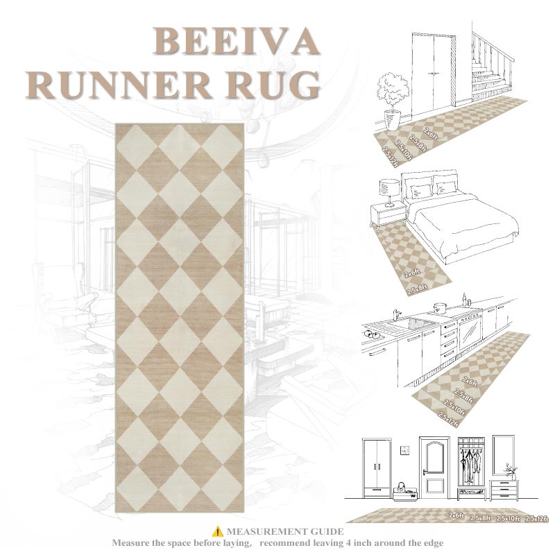 Beeiva Checkered Print Carpet Runners for Hallway 12ft, Beige Neutral Washable Long Hallway Runner Rug 2.5x12, Moroccan Gingham Diamond Carpet Ultra Thin Faux Wool Rug for Kitchen Decor - Image 5