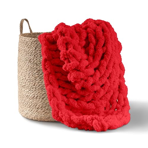 Adyrescia Chunky Knit Blanket Throw | 100% Hand Knit with Jumbo Chenille Yarn (50"x60", Ruby Red) - Image 5