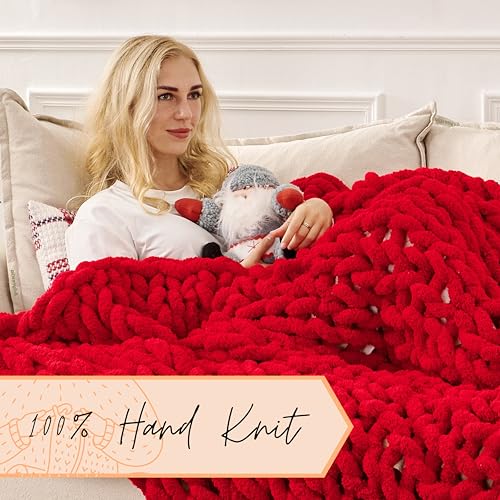 Adyrescia Chunky Knit Blanket Throw | 100% Hand Knit with Jumbo Chenille Yarn (50"x60", Ruby Red) - Image 3