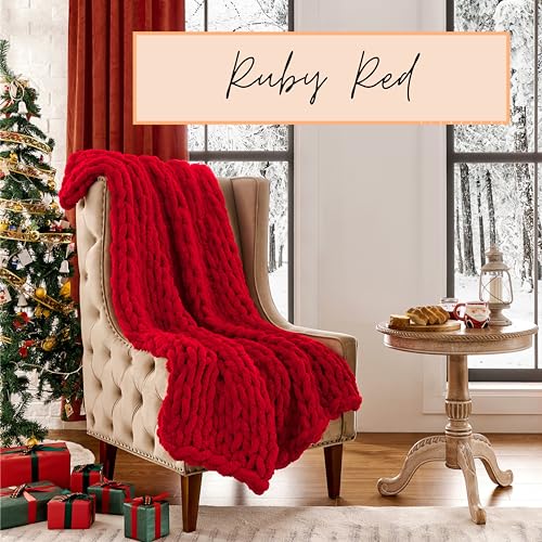 Adyrescia Chunky Knit Blanket Throw | 100% Hand Knit with Jumbo Chenille Yarn (50"x60", Ruby Red) - Image 2