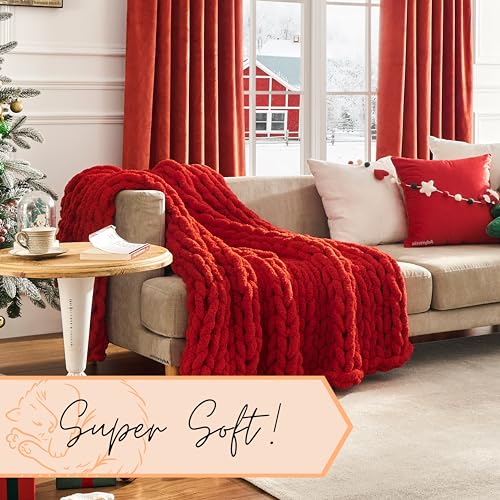 Adyrescia Chunky Knit Blanket Throw | 100% Hand Knit with Jumbo Chenille Yarn (50"x60", Ruby Red) - Image 4