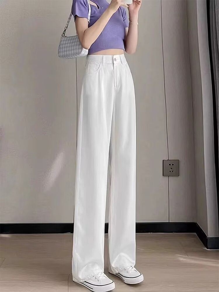 جينز نسائي أبيض واسع الساق بخصر مرتفع من تينسل، صيفي رقيق، ضيق، أنبوبي عمودي من حرير الثلج - Image 2