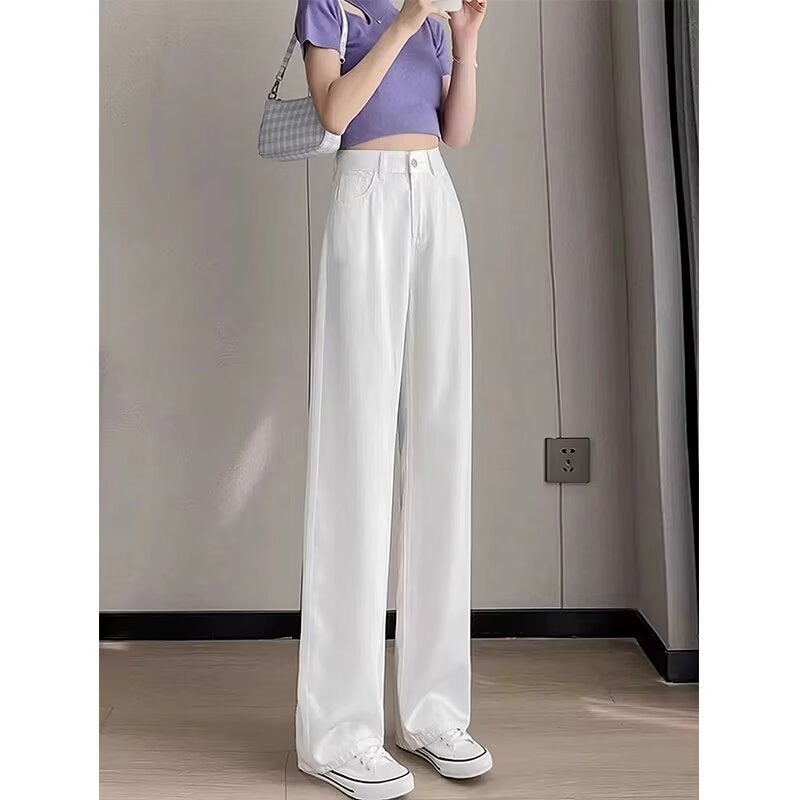 جينز نسائي أبيض واسع الساق بخصر مرتفع من تينسل، صيفي رقيق، ضيق، أنبوبي عمودي من حرير الثلج - Image 1