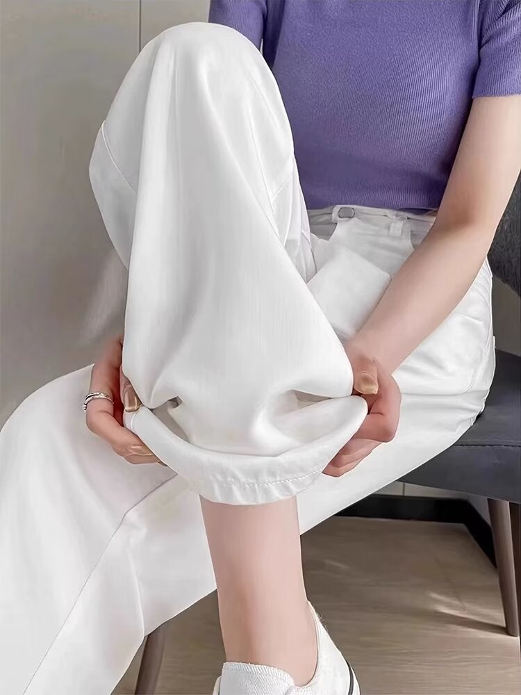 جينز نسائي أبيض واسع الساق بخصر مرتفع من تينسل، صيفي رقيق، ضيق، أنبوبي عمودي من حرير الثلج - Image 4