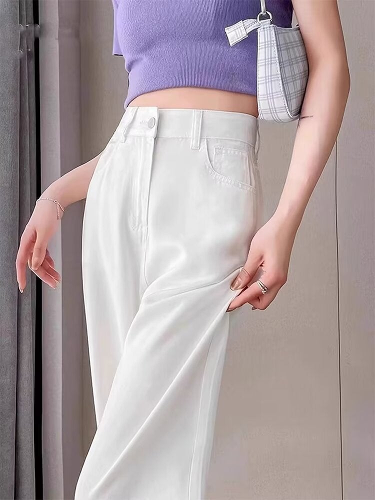 جينز نسائي أبيض واسع الساق بخصر مرتفع من تينسل، صيفي رقيق، ضيق، أنبوبي عمودي من حرير الثلج - Image 3