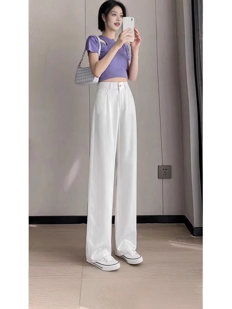 جينز نسائي أبيض واسع الساق بخصر مرتفع من تينسل، صيفي رقيق، ضيق، أنبوبي عمودي من حرير الثلج - Image 5