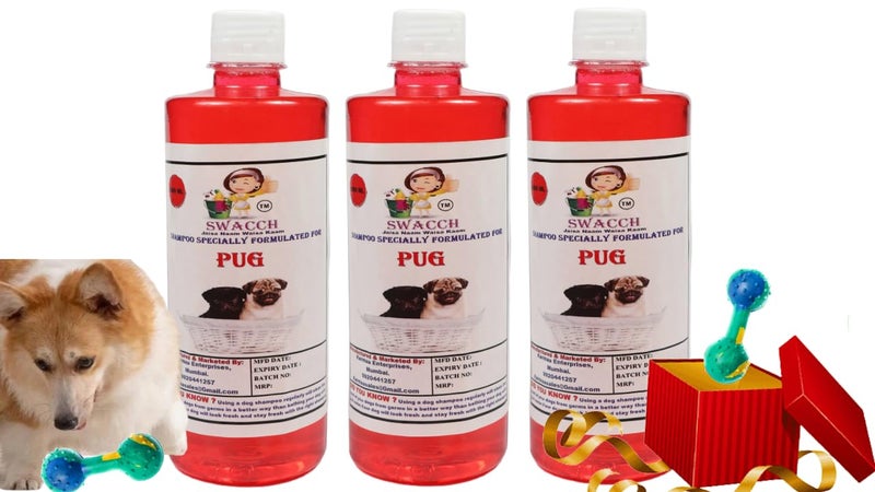 swacch Pug Dog Shampoo + Dumbbell Toy I Durable Rubber Dog Toy for Chewing I Playing,Teeth Cleaning & Training Toy I Combo Pack I 500ml Pack of 3 Jasmine - Image 1