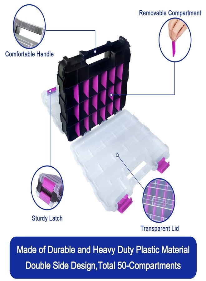 BUSY-CORNER Tools Organizer Box Small Parts Storage Box 50-Compartment Double Side Hardware Organizers with Removable Plastic Dividers for Screws, Nuts, Nails, Bolts, Purple - Image 2