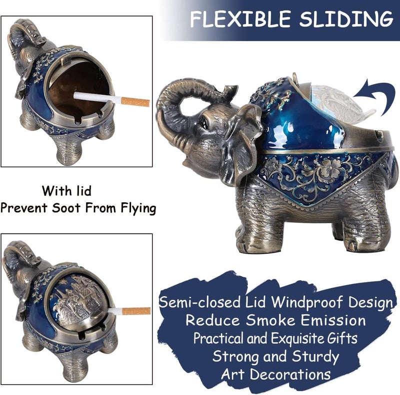 Gusnilo Elephant Outdoor Ashtray Metal Ashtray for Tobacco Ashtray with Lid Ashtrays for Smokers Indoor Ashtray Decoration Ashtrays for Cigarettes Metal Gift for Men Women(Blue) - Image 3