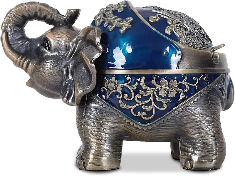 Gusnilo Elephant Outdoor Ashtray Metal Ashtray for Tobacco Ashtray with Lid Ashtrays for Smokers Indoor Ashtray Decoration Ashtrays for Cigarettes Metal Gift for Men Women(Blue) - Image 1