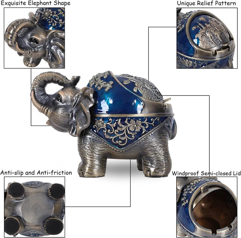 Gusnilo Elephant Outdoor Ashtray Metal Ashtray for Tobacco Ashtray with Lid Ashtrays for Smokers Indoor Ashtray Decoration Ashtrays for Cigarettes Metal Gift for Men Women(Blue) - Image 4