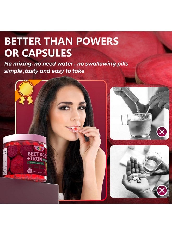 جواهر جذر الشمندر 100 ملغ - مضغوطات الشمندر الأحمر مع جذر الشمندر، مستخلص بذور العنب، كيو10، فيتامين سي، الحديد و ب12 لدعم الطاقة، محاربة التعب ودعم ضغط الدم للمكملات الغذائية للنساء والرجال، خالي من السكر، 120 حبة - Image 4