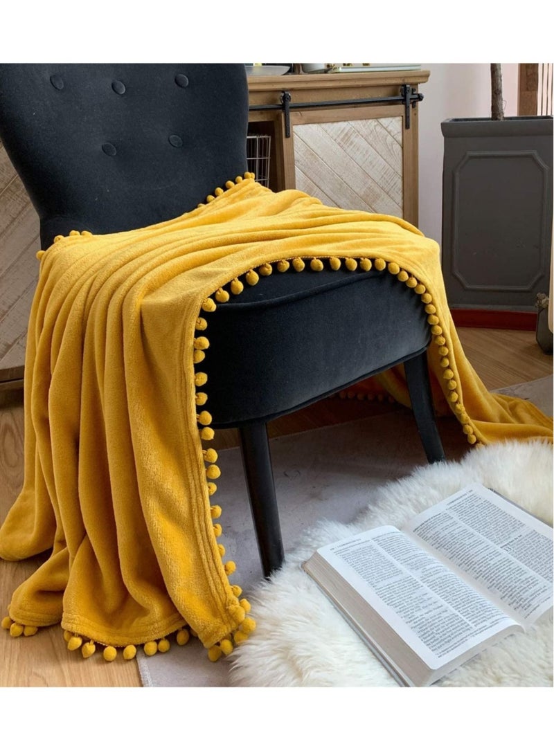 Soft Throw Blanket with Pompom Fringe Flannel Bed or Sofa - Image 2