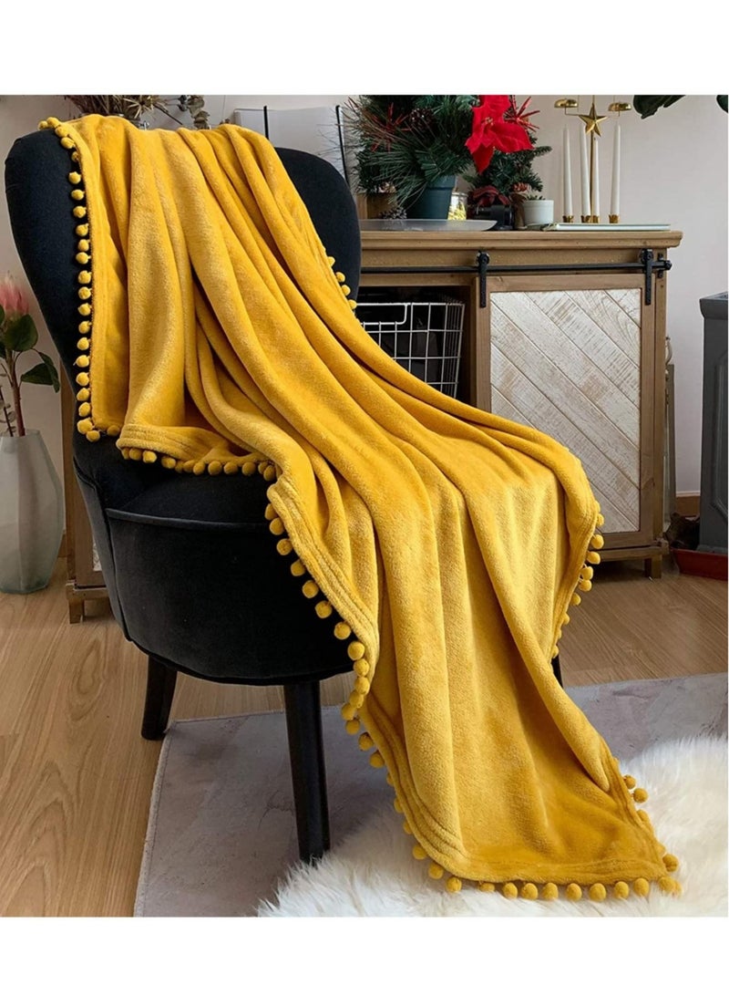 Soft Throw Blanket with Pompom Fringe Flannel Bed or Sofa - Image 1