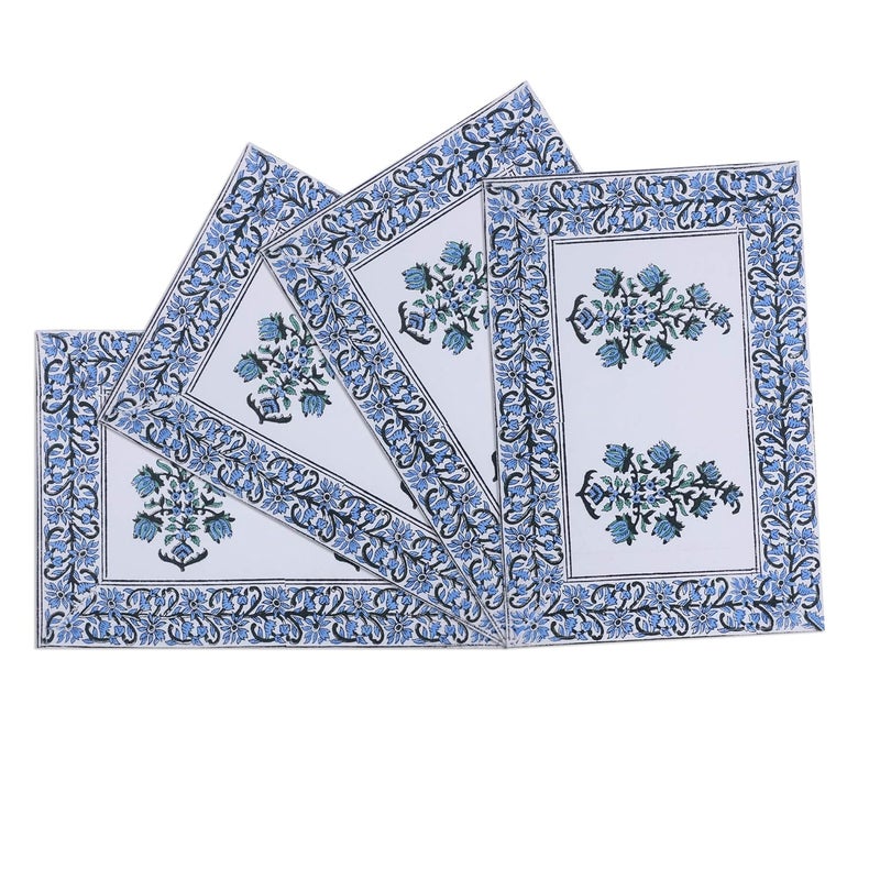 Texstylers Texstylers Jaipuri Block Print Thick Cotton Canvas Set of 4 Pcss Dining Table Placemats Blue White 