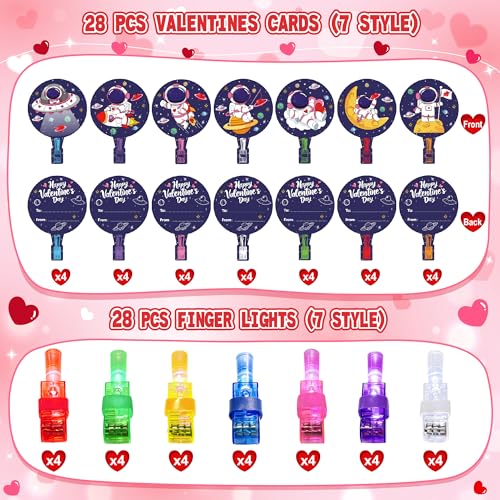 COKOKA 28 Pcs Valentines Day Cards with Finger Lights Valentines Day Gifts for Kids Space Themed Astronaut Party Favors Light Up Toys Bulk Classroom School Exchange - Image 5