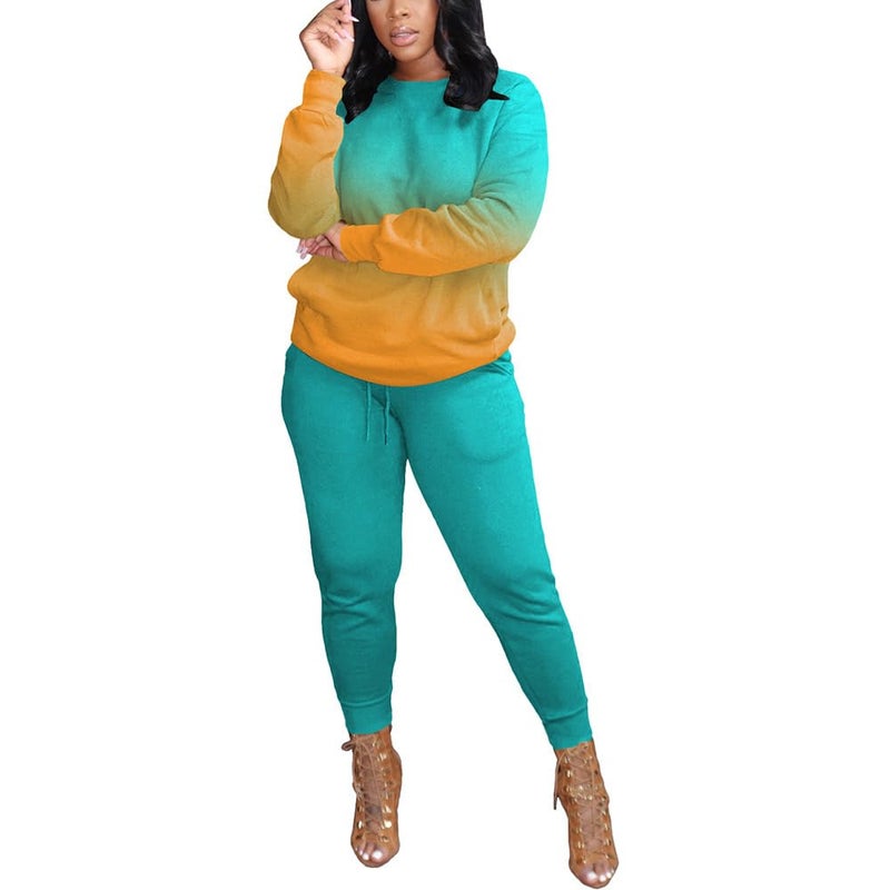 HBQ Two Piece Outfits For Women Casual Long Sleeve Sweatsuits Jogger Tracksuits Lounge Sets With Pockets-Gradient-X-Large - Image 2