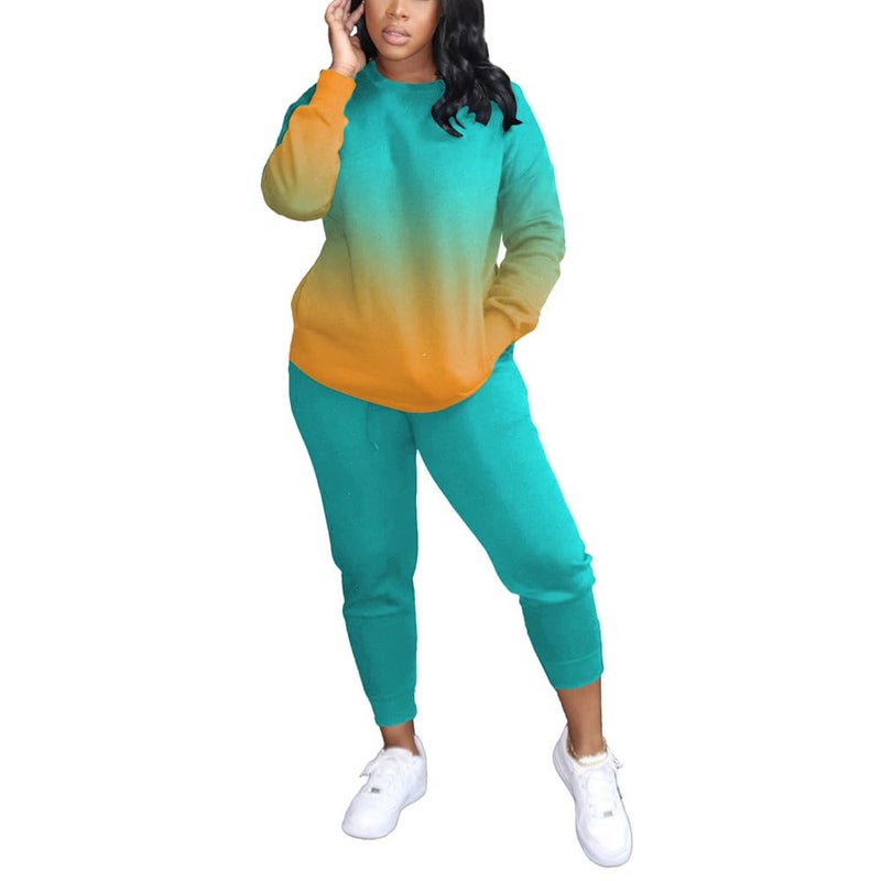HBQ Two Piece Outfits For Women Casual Long Sleeve Sweatsuits Jogger Tracksuits Lounge Sets With Pockets-Gradient-X-Large - Image 1