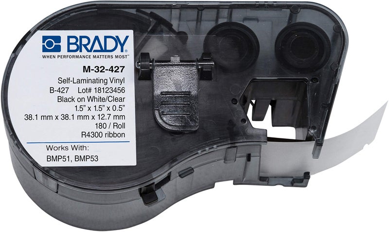 Brady - 143268 M-32-427 Vinyl B-427 Black on White/Clear Label Maker Cartridge, 1-1/2" Width x 1-1/2" Height, For BMP51/BMP53 Printers - Image 1