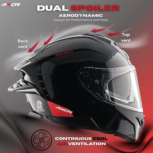 AXOR Brutale Solid Colors Dual Spoiler Helmet – Aerodynamic Full Face Design | Certified (ISI, DOT, ECE) | Premium Safety & Comfort- Black, Size:L - Image 2