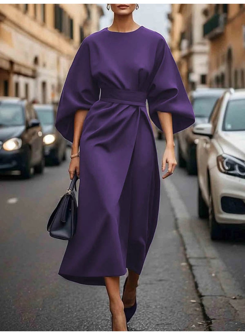 Loose Puff Sleeves Pleated Solid Color Split-Joint Round-Neck Midi Dresses