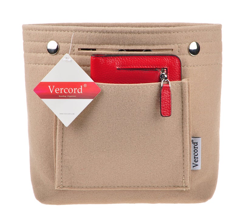 Vercord Mini Slim Small Felt Purse Organizer Insert Inside Handbag Tote Pocketbook for Women Beige - Image 2