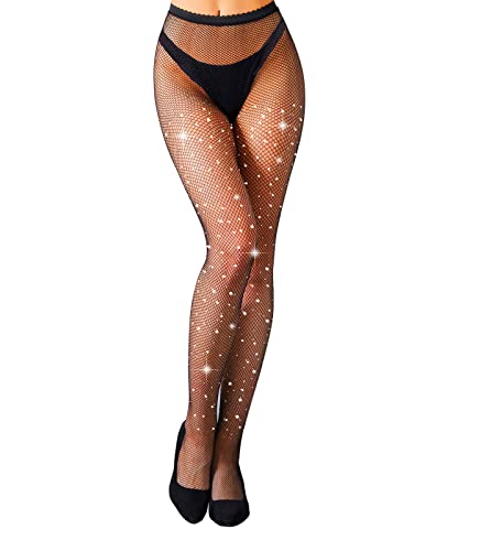 MengPa Women's Fishnets Sparkly Tights High Waist Rhinestone Stockings Party Thigh High Pantyhose (Small Hole-Black) US2466A - Image 2