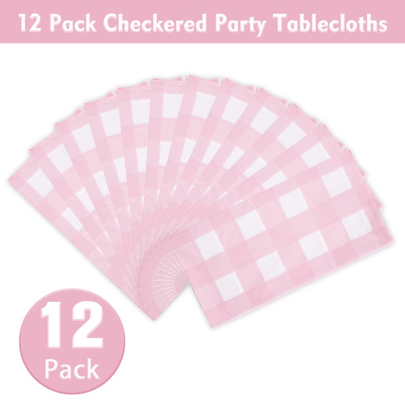 Kesfey 12 Packs Pink Gingham Tablecloth 54 x 108 Inches Pink and White Checkered Table Cloths Party Picnic Disposable Table Covers Splashproof Plastic Checkered Gingham Tablecover for Dinners Party - Image 1