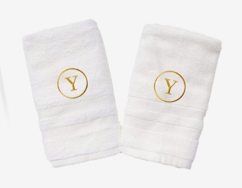 Mrunals Fashion Hand Towel with Alphabet Embroidery Pack of 2 Golden Embroidery 150 GSM Size 16 W X 27L inch Towel Color White Golden Embroidery Y - Image 1