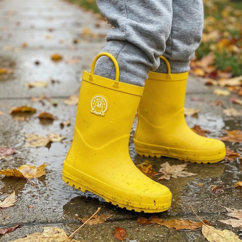 Stelle Kids Rain Boots for Boys Girls Waterproof Natural Rubber Toddler Rainboots Easy On Handles Non-Slip Sole(Yellow,10MT) - Image 3