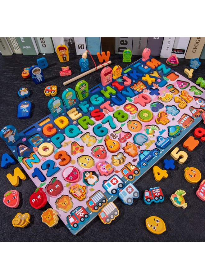 Wooden Multifunctional Logarithmic Board Magnetic Fishing Children's Digital Computing Shape Matching Cognitive Early Education Educational Toys-Color:Fruit Traffic Logarithmic Plate - Image 1