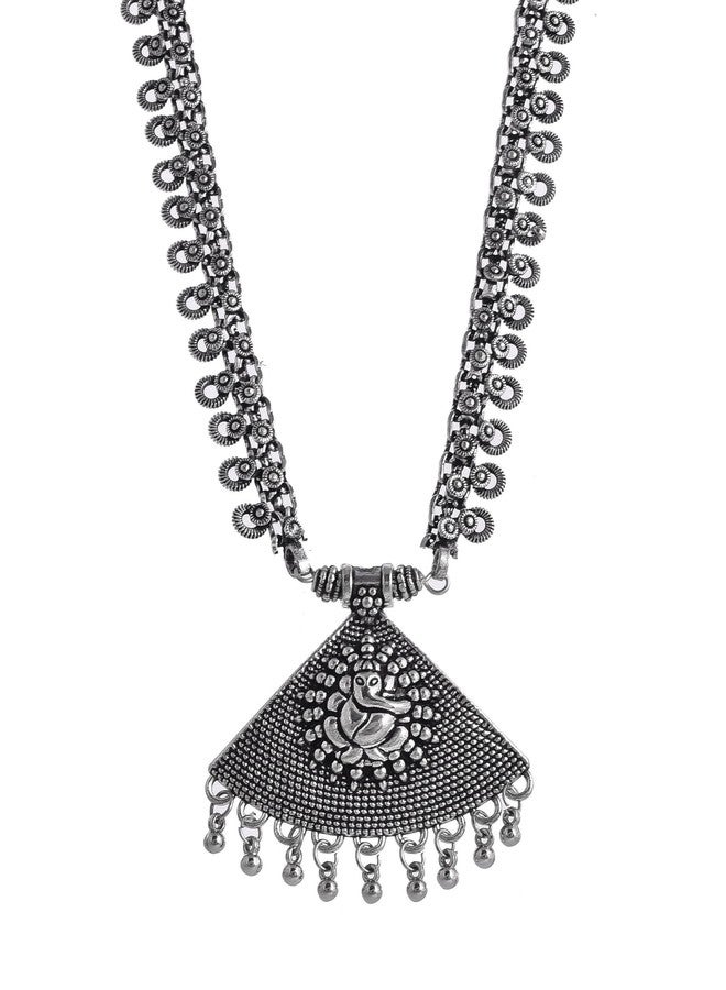 Naman Arts Ganesha Triangle Oxidised Long Chain Pendant Necklace for Women | Antique Engraved Disc Charm | Pure Brass Lightweight Ethnic Boho Necklace - Image 1