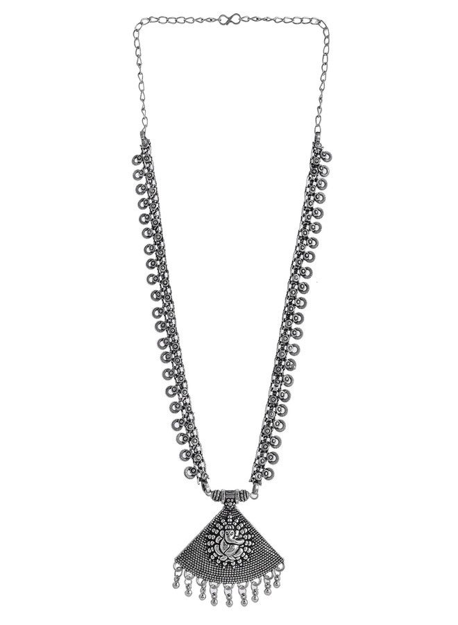 Naman Arts Ganesha Triangle Oxidised Long Chain Pendant Necklace for Women | Antique Engraved Disc Charm | Pure Brass Lightweight Ethnic Boho Necklace - Image 2