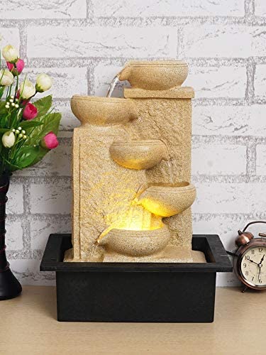 CHRONIKLE CHRONIKLE Polyresin Designer Cream Color Up to Down 5 Diya Steps Home Decor Table Top Indoor Water Fountain with Speed Controller Pump Yellow LED Light Size 40 x 295 x 22CM Weight 1865 Gram  - Image 2