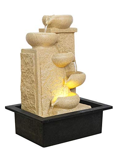 CHRONIKLE CHRONIKLE Polyresin Designer Cream Color Up to Down 5 Diya Steps Home Decor Table Top Indoor Water Fountain with Speed Controller Pump Yellow LED Light Size 40 x 295 x 22CM Weight 1865 Gram  - Image 5