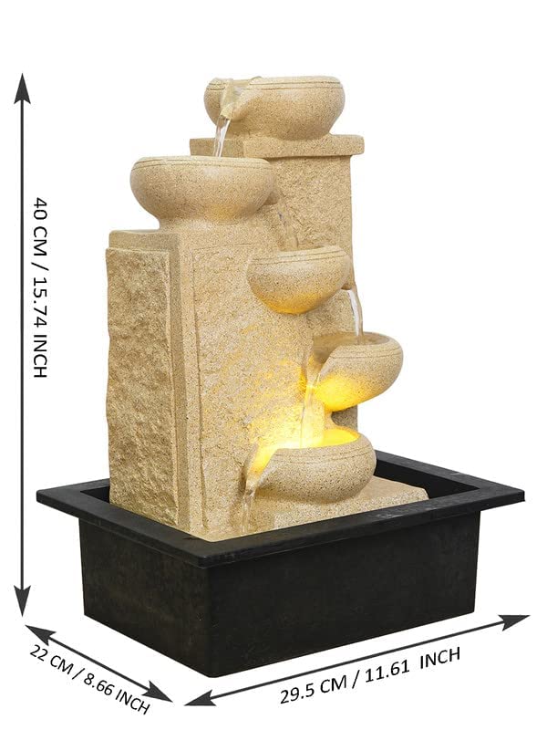 CHRONIKLE CHRONIKLE Polyresin Designer Cream Color Up to Down 5 Diya Steps Home Decor Table Top Indoor Water Fountain with Speed Controller Pump Yellow LED Light Size 40 x 295 x 22CM Weight 1865 Gram  - Image 4