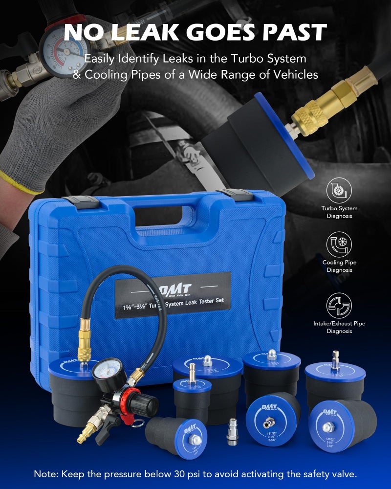 Orion Motor Tech Turbo System Leakage Tester Kit, 10pc Turbo Boost Leak Tester Set with 4 Pairs of Stepped Adapters 1-3/8" to 3-1/2", Turbo Pressure Leakage Tester for Cooling Emissions Exhaust Pipes - Image 2