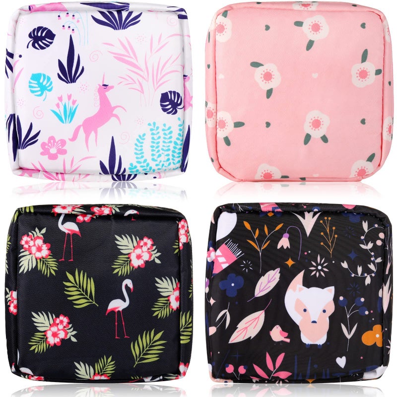 Sanitary Napkin Storage Bag, Zipper Menstrual Pad Bag Portable Sanitary Napkin Storage Tampons Holder for Purse First Period Kit for Teen Girls Store Sanitary Pads for Women(4Pcs)