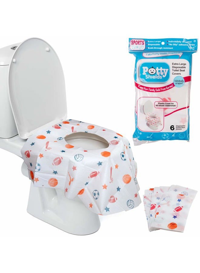 Potty Shields أغطية مقاعد المرحاض القابلة للاستخدام لمرة واحدة (6 عبوات، رياضية) - غطاء مرحاض XL مقاوم للماء للأطفال، والكبار - محمول ومغلف بشكل فردي للسفر، وتدريب الأطفال على استخدام المرحاض، والحمامات العامة - Image 1